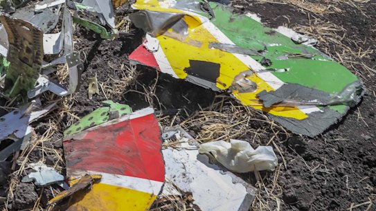 Wreckage lies at the site of an Ethiopian Airlines crash.