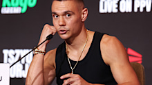 SYDNEY, AUSTRALIA - APRIL 02:  Tim Tszyu speaks to the m,edia during a press conference at Four Seasons Grand Ballroom on April 02, 2026 in Sydney, Australia. (Photo by Matt King/Getty Images)