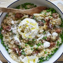 ***EMBARGOED FOR GOOD WEEKEND, JULY 30/22 ISSUE***
Karen Martini recipe:Risotto with pork and fennel sausage, peas and burrata
Photograph byÂ WilliamÂ Meppem (photographer on contract, no restrictions)