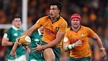 SYDNEY, AUSTRALIA - JULY 04: Joseph-Aukuso Suaalii of the Wallabies makes a break during the Nations Championship match between Australia Wallabies and Ireland at Allianz Stadium on July 04, 2026 in Sydney, Australia. (Photo by Mark Kolbe Photography/Getty Images)