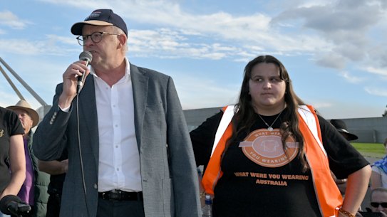 Prime Minister Anthony Albanese addresses a rally calling for action to end violence against women at Parliamnet House on Sunday.