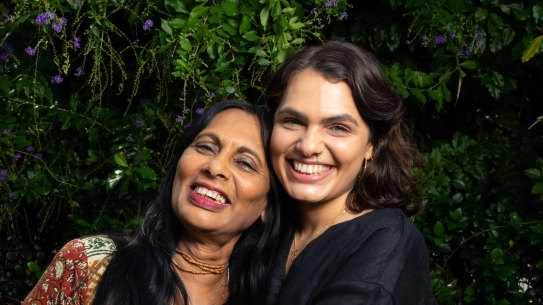 Brisbane artist Sancintya Mohini Simpson and her mother Indarami Simpson in her back garden in Brisbane.