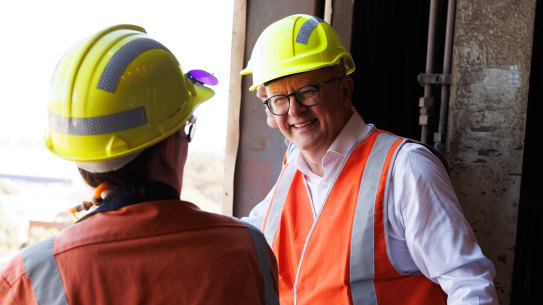 Prime Minister Anthony Albanese speaking to workers at the Whyalla steelworks in South Australia on Thursday.