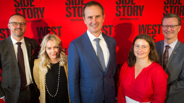 Chief Minister Andrew Barr, GWB Entertainment director Richelle Brookman, Opera Australia executive producer Alex Budd, Canberra Theatre Centre programming manager Gill Hugonnet and arts minister Gordon Ramsey at the 'West Side Story' announcement on Wednesday.
