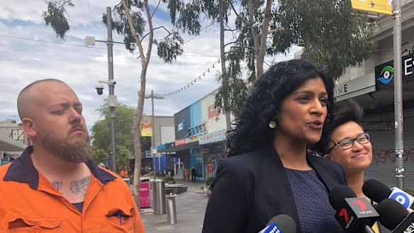 Victorian Greens leader Samantha Ratnam flanked by the party's Footscray candidate Angus McAlpine and upper house MP Huong Truong in November.