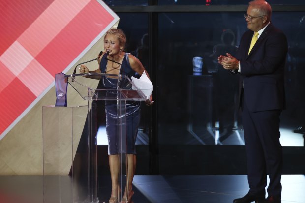 2021 Australian of the Year Grace Tame and Prime Minister Scott Morrison during the ceremony in January. 