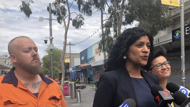 Victorian Greens leader Samantha Ratnam flanked by the party's Footscray candidate Angus McAlpine and upper house MP Huong Truong in November.