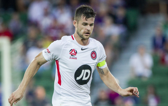Referee Kurt Ams pointed to the spot in the 86th minute on Sunday, ruling that Wanderers defender Brendan Hamill (pictured) had held back Glory striker Andy Keogh.