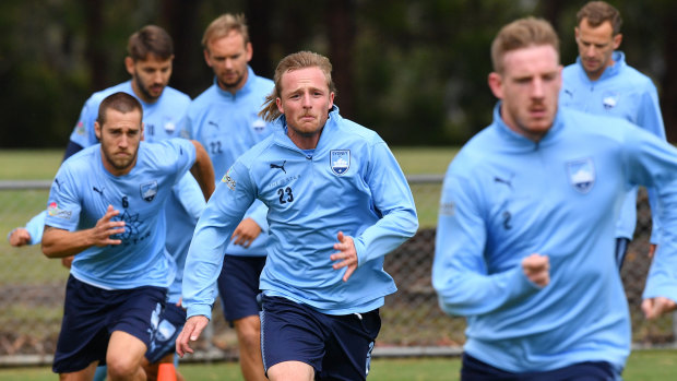 Decade in sky blue: Rhyan Grant at training last month.