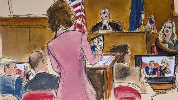 Defence lawyer Susan Necheles (in pink) cross-examines Stormy Daniels (right) as Donald Trump (left) looks on in Manhattan criminal court.