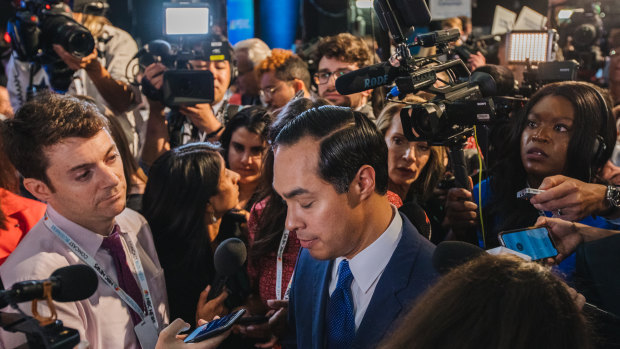 Julian Castro, former secretary of Housing and Urban Development and 2020 Democratic presidential candidate, centre, after the first debate.