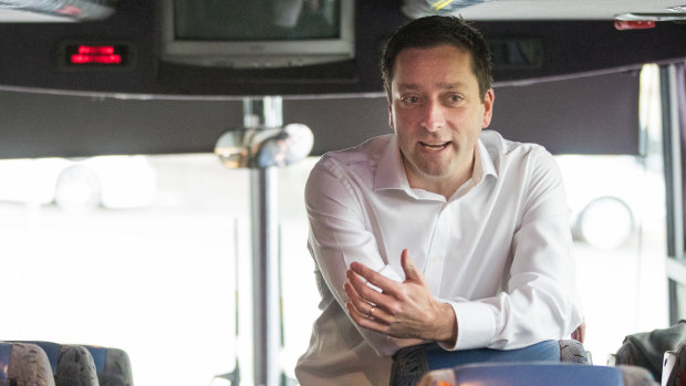 Matthew Guy on his new state election campaign bus.