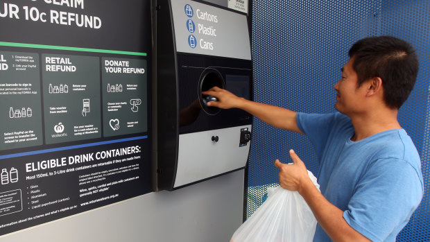 A container-deposit recycling booth in Sydney. The evidence is that the 'return and earn' scheme has generated more than 500 new jobs.