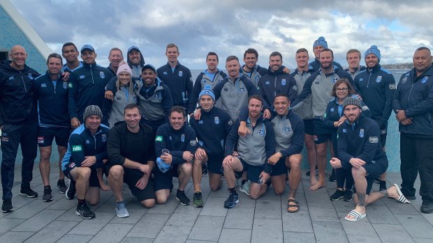 Lessons: Ian Thorpe (bottom row second from left) addressed the NSW Blues players on Friday.