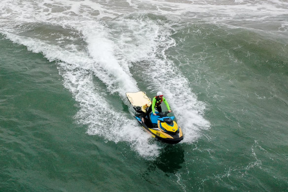 Jameson Trainor on a jet ski at Jan Juc. 