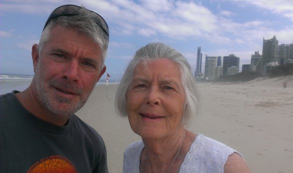 Rolf Forster from Melbourne with his mother Janet who is now in a nursing home in Queensland. He fears he will not get to see her again because of state border closures.
