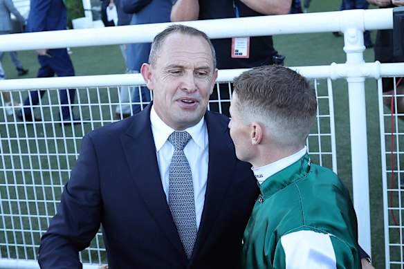 Chris Waller and James McDonald after Via Sistina’s Queen Elizabeth Stakes win in April at Randwick.