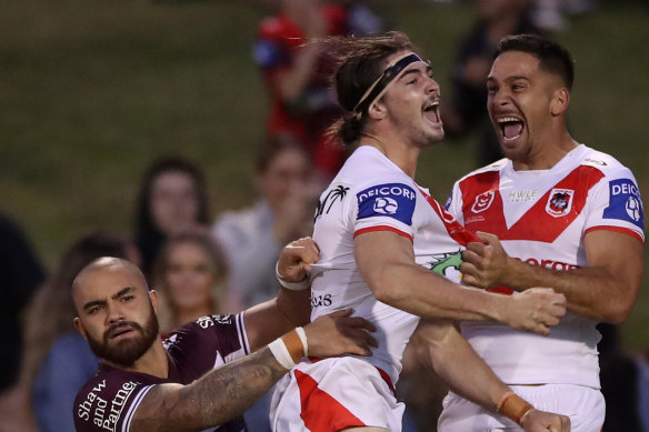 St George Illawarra’s Cody Ramsey celebrates with Corey Norman after a try by Ramsey.