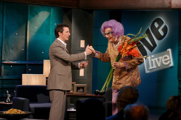 Barry Humphries as Dame Edna Everidge and Rove McManus on the TV show Rove Live.