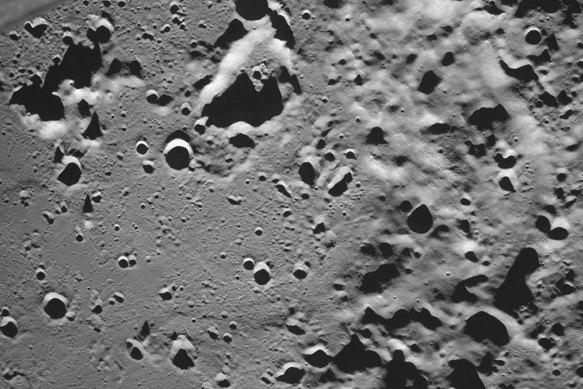 An image of the lunar south pole region on the far side of the moon captured by Russia’s Luna-25 spacecraft before its failed attempt to land. 