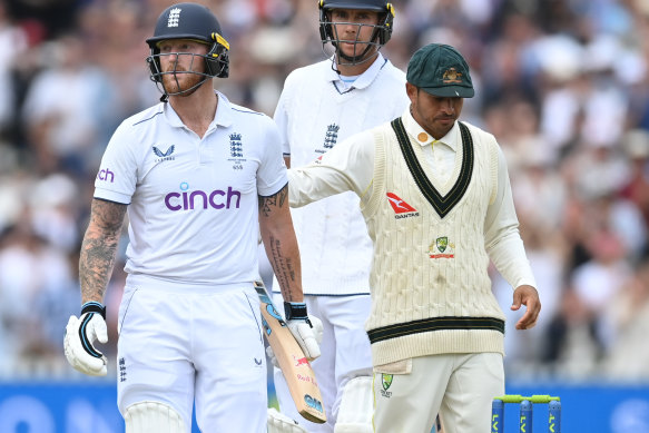 Usman Khawaja consoles Ben Stokes after the England captain’s dismissal.