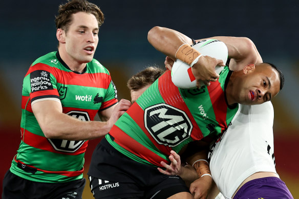 Richie Kennar takes a hit up for South Sydney.