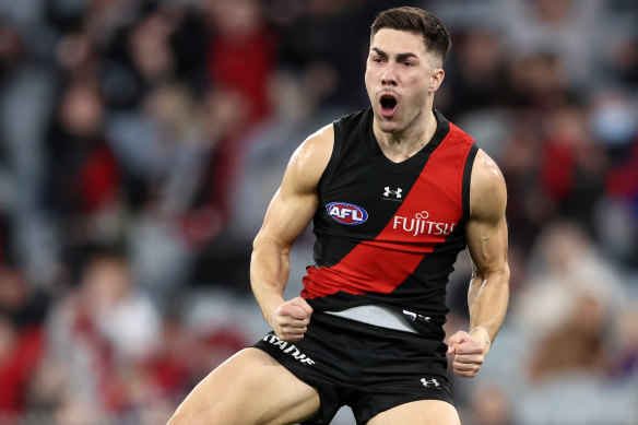 Full of bounce: Jade Gresham after drilling a pivotal goal in the Bombers’ stunning comeback.