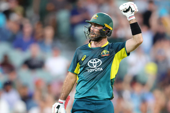 Glenn Maxwell celebrates his century.