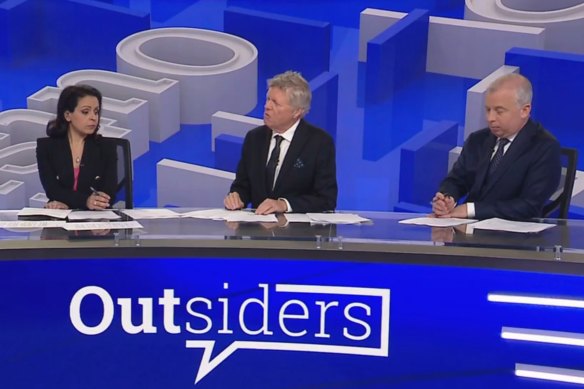 Hosts Rita Panahi, Rowan Dean and James Morrow on Foxtel’s Outsiders, which is broadcast on Sky News.