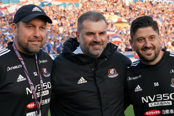 Ange Postecoglou with his Australian assistants at Yokohama F. Marinos, Peter Cklamovski (left) and Arthur Papas.