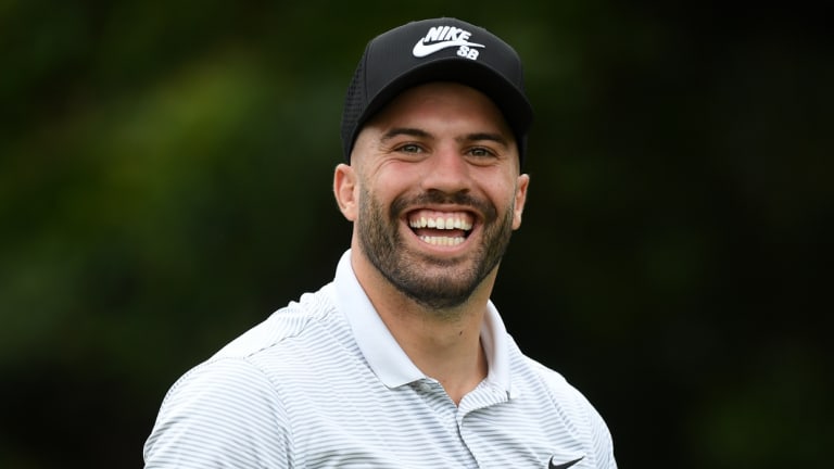 Teeing off: James Tedesco breaks into a smile during the Australian Open golf Pro-Am at The Lakes. 