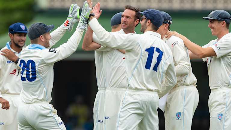 Breakthrough: Trent Copeland reacts to claiming the wicket of George Bailey.