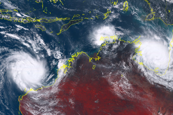 Cyclones Veronica and Trevor seen from the Himawari-8 satellite in March.