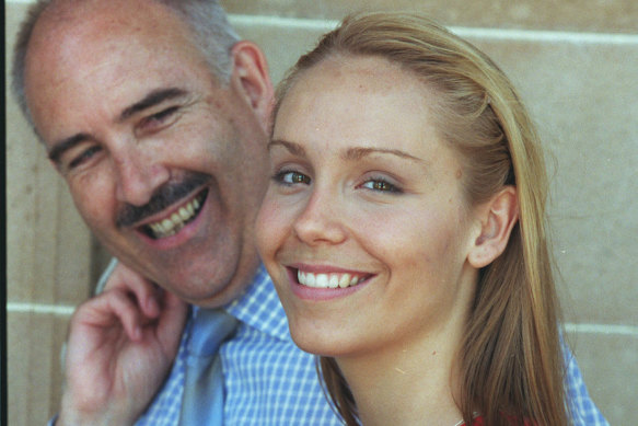 Sarah Irving-Stonebraker with her father Terry Irving, photographed by the Sydney Morning Herald in 1998 after getting her UAI.