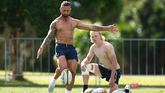 Quade Cooper and Carter Gordon in camp on the Gold Coast last month.
