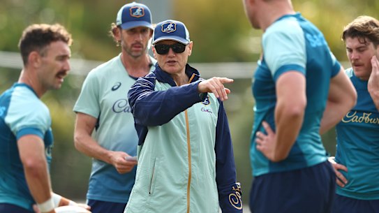 Joe Schmidt gives some direction at Wallabies training in Brisbane this week.