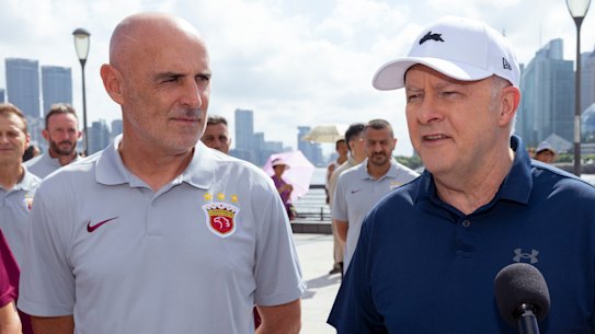 Anthony Albanese with former Socceroo and Shanghai Port FC manager Kevin Muscat during a recent trip to China.