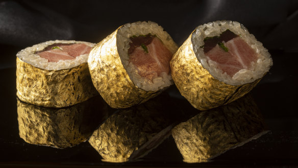 Gold-leaf wrapped maguro rolls are a hint of flashiness.