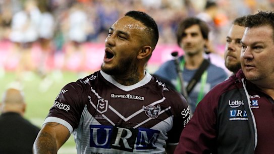 Sin-binned: Addin Fonua-Blake reacts to the crowd after being marched from the field in Newcastle.