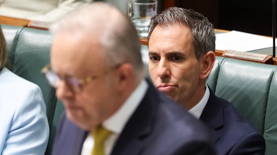 Prime Minister Anthony Albanese and Treasurer Dr Jim Chalmers during question time at Parliament House in Canberra on Wednesday 14 October 2026. fedpol Photo: Alex Ellinghausen