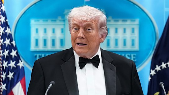 Donald Trump speaks in the James Brady Press Briefing Room at the White House after an unspecified threat at the annual White House Correspondents’ Association Dinner in Washington.
