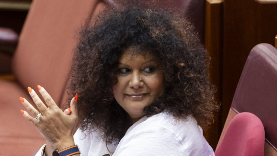 Assistant Minister for Indigenous Australians and Assistant Minister for Indigenous Health Malarndirri McCarthy in the Senate at Parliament House in Canberra on Wednesday 8 November 2023. fedpol Photo: Alex Ellinghausen