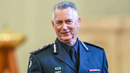 Victoria’s new police commissioner Mike Bush addresses fresh recruits at the Police Academy in Glen Waverley on Friday.