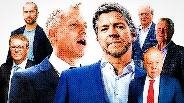 Arron Wood (front left) is running again for City of Melbourne lord mayor. In his 2020 campaign for the role, he was backed by donors including former young rich lister Nick Bell (top left) and Ben Gray, co-founder of private equity firm BGH Capital (bottom left). He’s facing current Lord Mayor Nick Reece (front right), whose 2020 joint ticket campaign attracted donations from  Jayco founder Gerry Ryan (top right),  former Qantas chair  Leigh Clifford (middle right) and a company associated with billionaire  Anthony Pratt (bottom right).