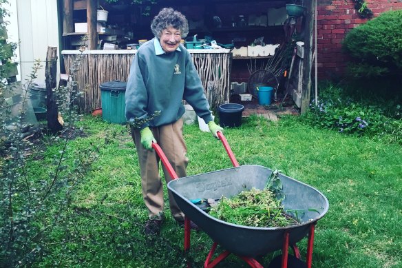 My lasting picture of her is dressed in an oversized old shirt of Dad’s and wearing gardening gloves that are wrapped around a pair of secateurs or the handles of a wheelbarrow.