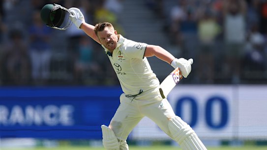 David Warner of Australia celebrates