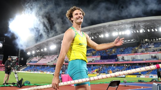Kurtis Marschall celebrates a gold medal.