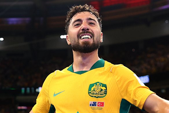 Jacob Italiano celebrates Australia’s win over Turkey.
