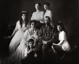 The Russian Imperial Family, 1913. Left to right: Grand Duchess Maria, tsarina Alexandra, Grand Duchesses Olga and Tatiana, Tsar Nicholas II, and Grand Duchess Anastasia. Tsarevich Alexei sits in front of his parents. The Russian Revolution and their murder prompted Russian aristocrats and others to flee to Paris.