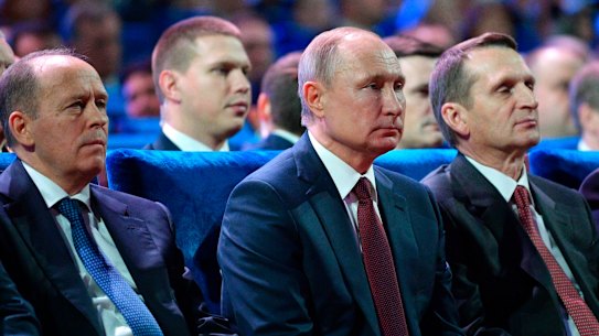 Vladimir Putin with Sergei Naryshkin on his right in December 2019.